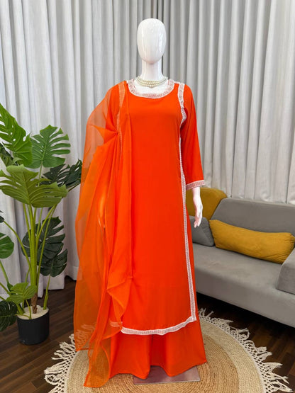 Natural Crepe Beads Work Palazzo Suit Set with Organza Dupatta