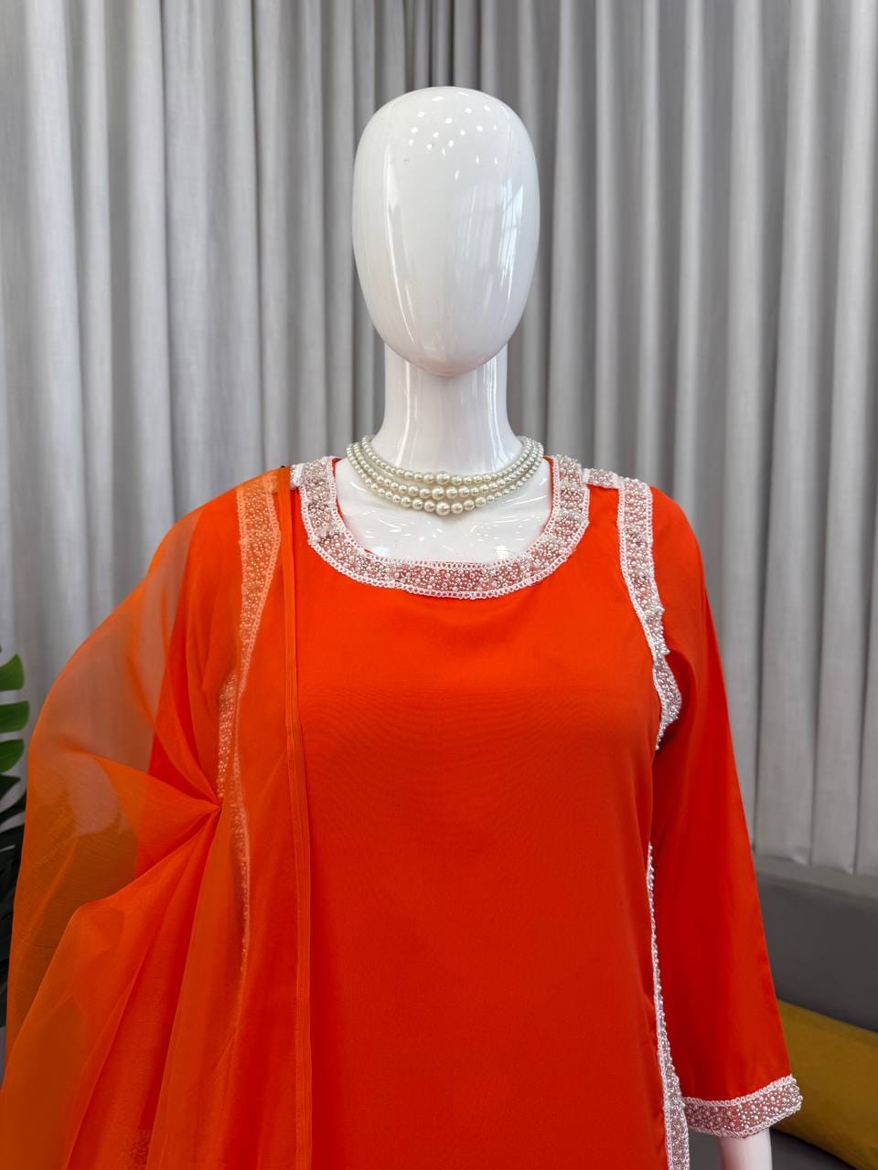 Natural Crepe Beads Work Palazzo Suit Set with Organza Dupatta
