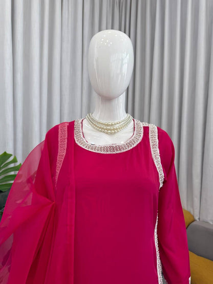 Natural Crepe Beads Work Palazzo Suit Set with Organza Dupatta