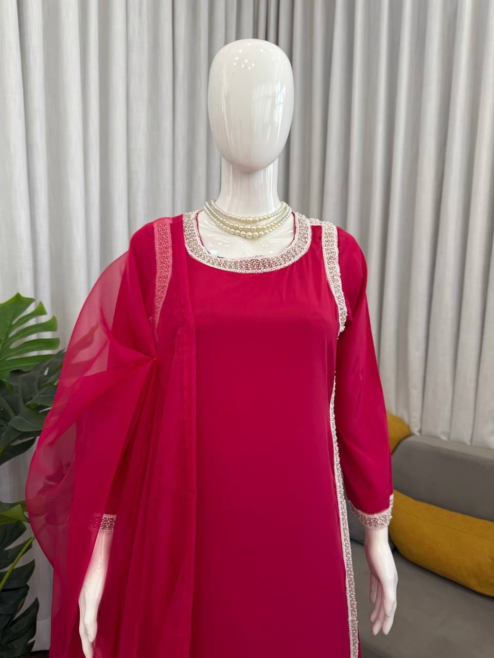 Natural Crepe Beads Work Palazzo Suit Set with Organza Dupatta