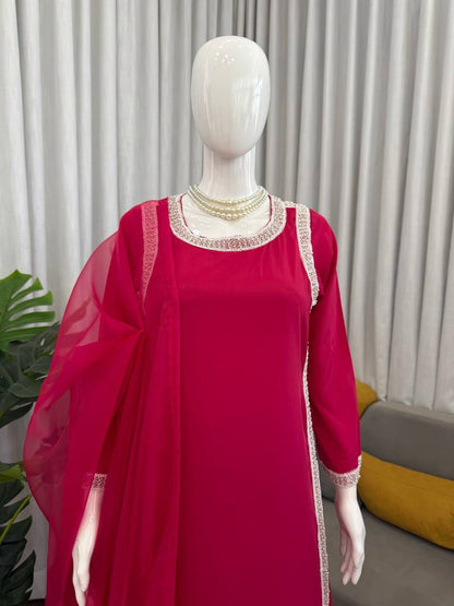 Natural Crepe Beads Work Palazzo Suit Set with Organza Dupatta