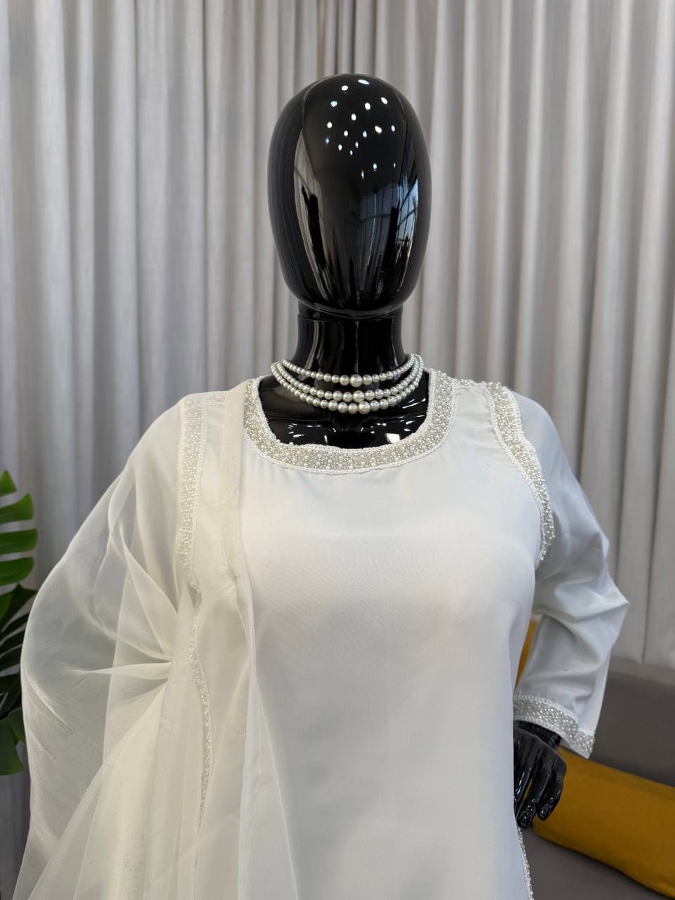 Natural Crepe Beads Work Palazzo Suit Set with Organza Dupatta