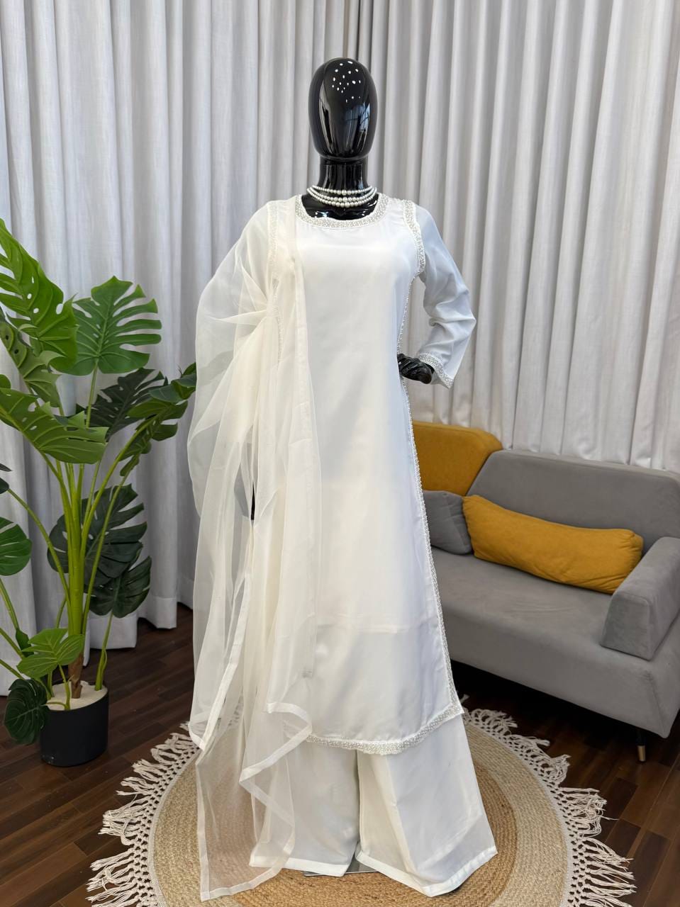 Natural Crepe Beads Work Palazzo Suit Set with Organza Dupatta