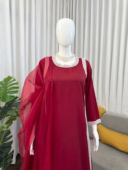 Natural Crepe Beads Work Palazzo Suit Set with Organza Dupatta