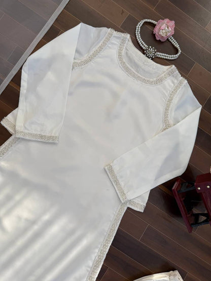 Natural Crepe Beads Work Palazzo Suit Set with Organza Dupatta