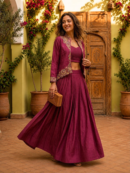 Premium Zazu Silk Embroidered Jacket with Lehenga Set