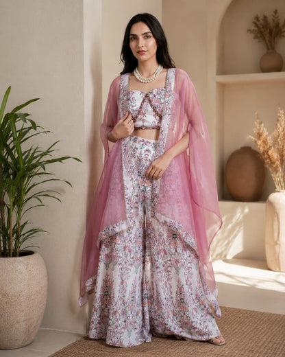 Premium French Crepe Printed Palazzo Set with Organza Cape