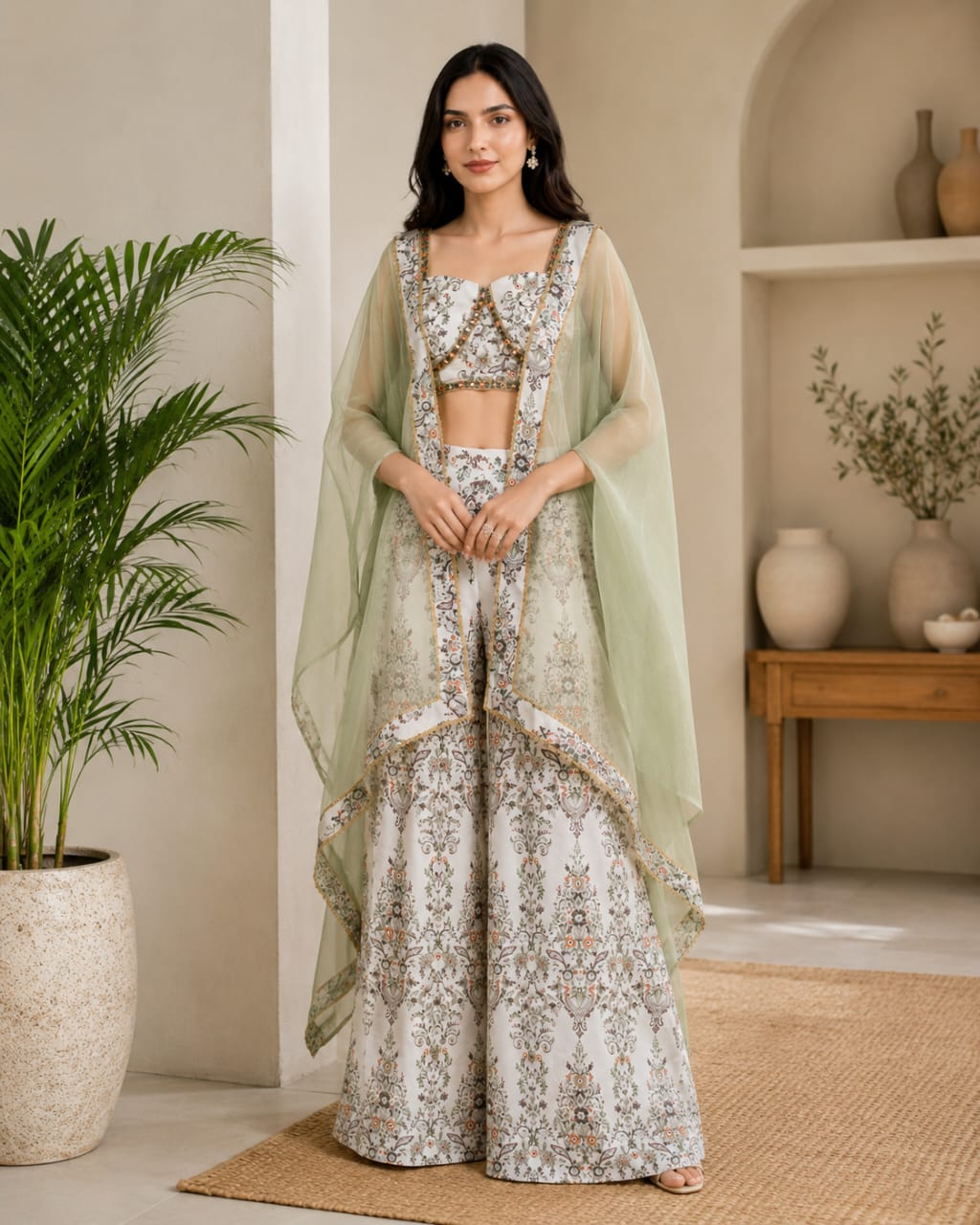 Premium French Crepe Printed Palazzo Set with Organza Cape