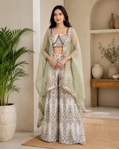 Premium French Crepe Printed Palazzo Set with Organza Cape