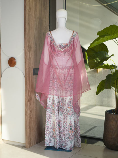 Premium French Crepe Printed Palazzo Set with Organza Cape
