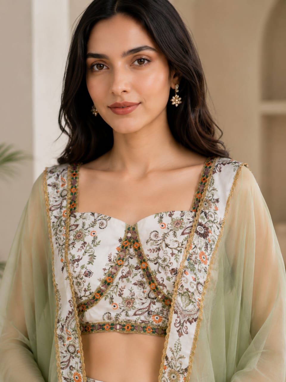 Premium French Crepe Printed Palazzo Set with Organza Cape