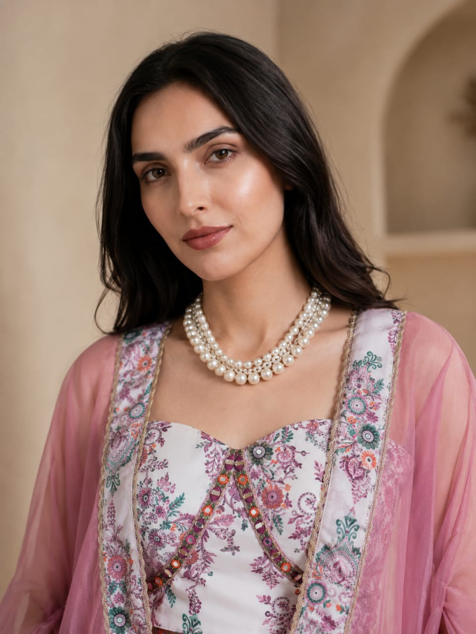 Premium French Crepe Printed Palazzo Set with Organza Cape