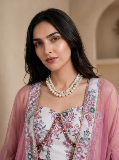 Premium French Crepe Printed Palazzo Set with Organza Cape