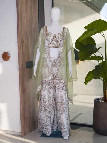 Premium French Crepe Printed Palazzo Set with Organza Cape