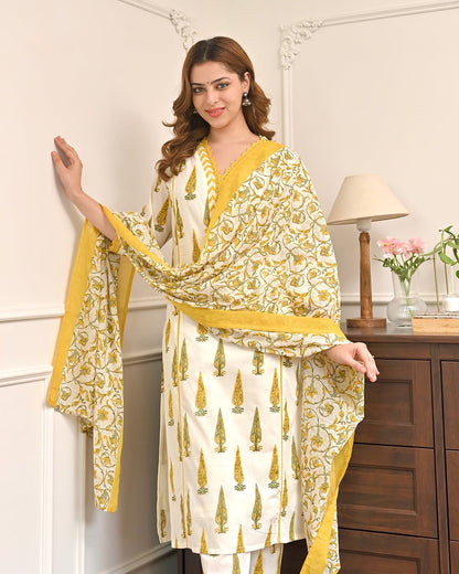 Heavy Cotton Printed Kurti Pant with Dupatta Set