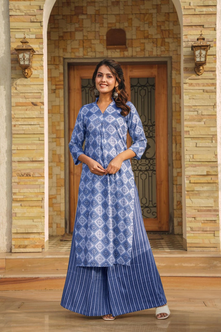 Heavy Rayon Digital Printed Kurti Pant Set with Attached Crepe Inner