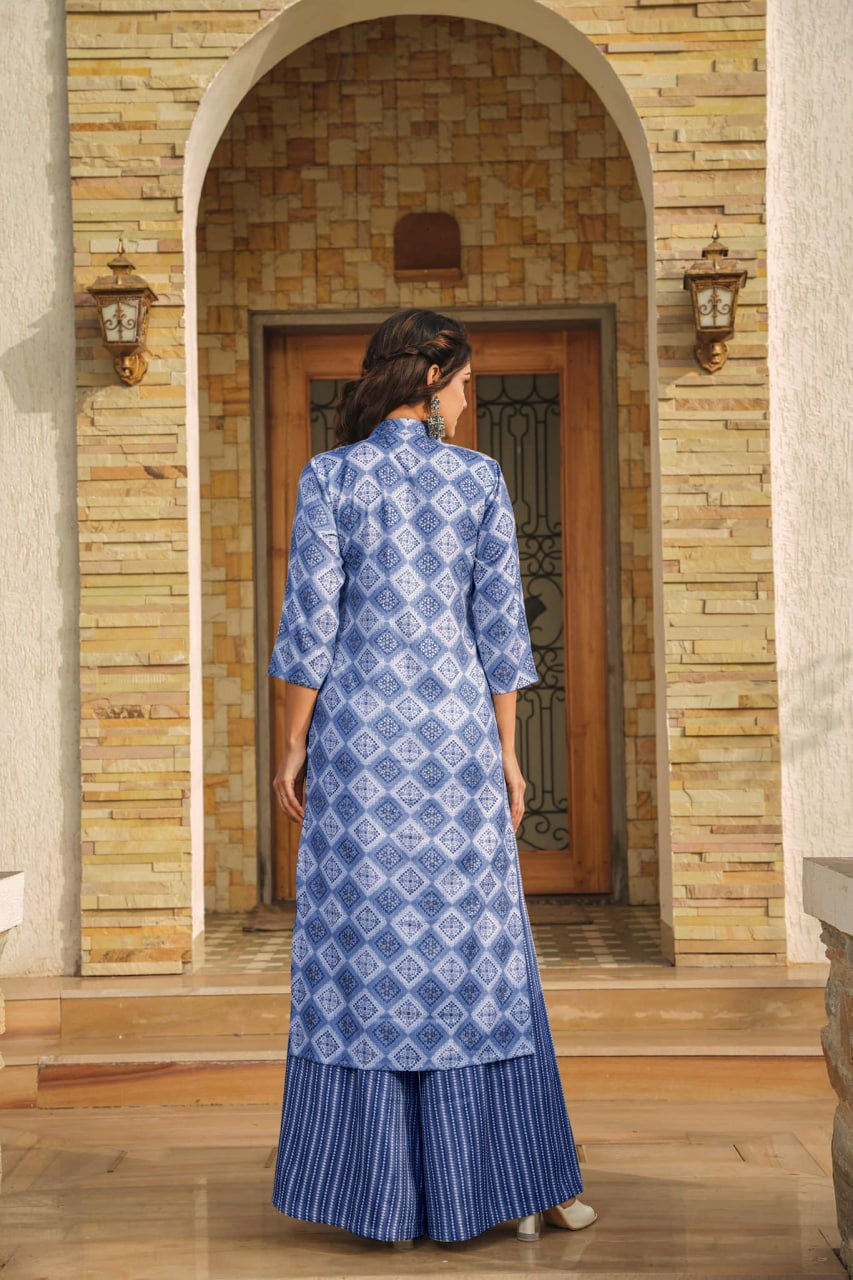 Heavy Rayon Digital Printed Kurti Pant Set with Attached Crepe Inner