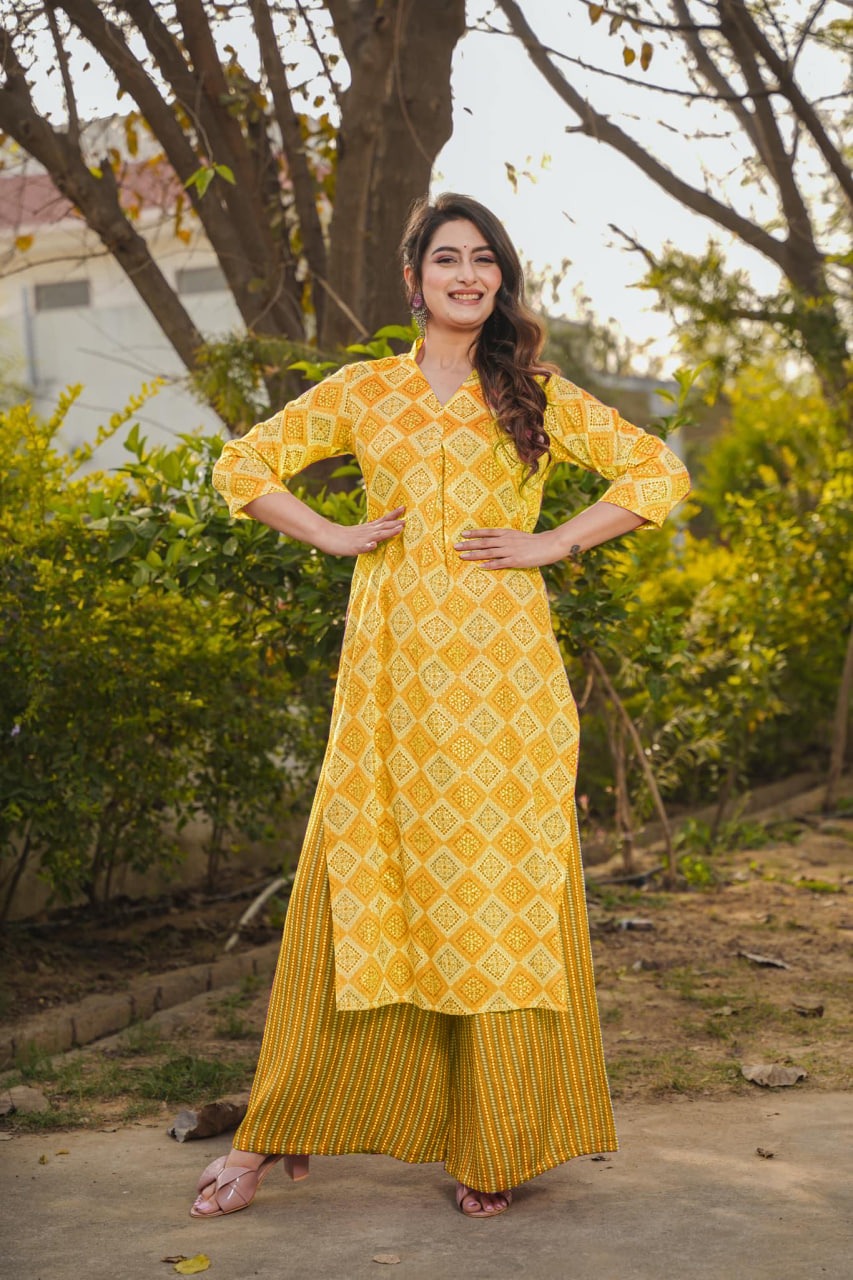 Heavy Rayon Digital Printed Kurti Pant Set with Attached Crepe Inner