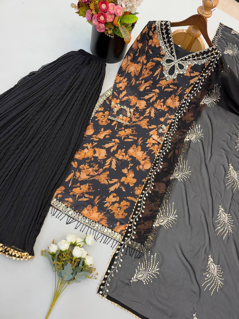 Heavy Faux Georgette Digital Printed Embroidered Palazzo Suit Set