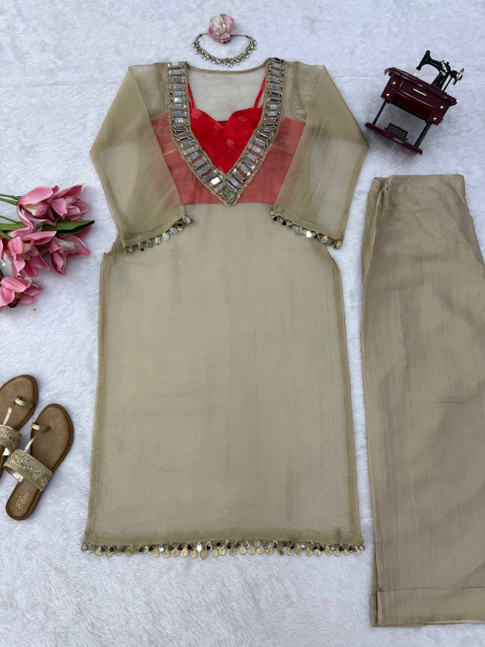 Salsa Silk Original Mirror Work Top with Printed Padded Inner & Palazzo Set