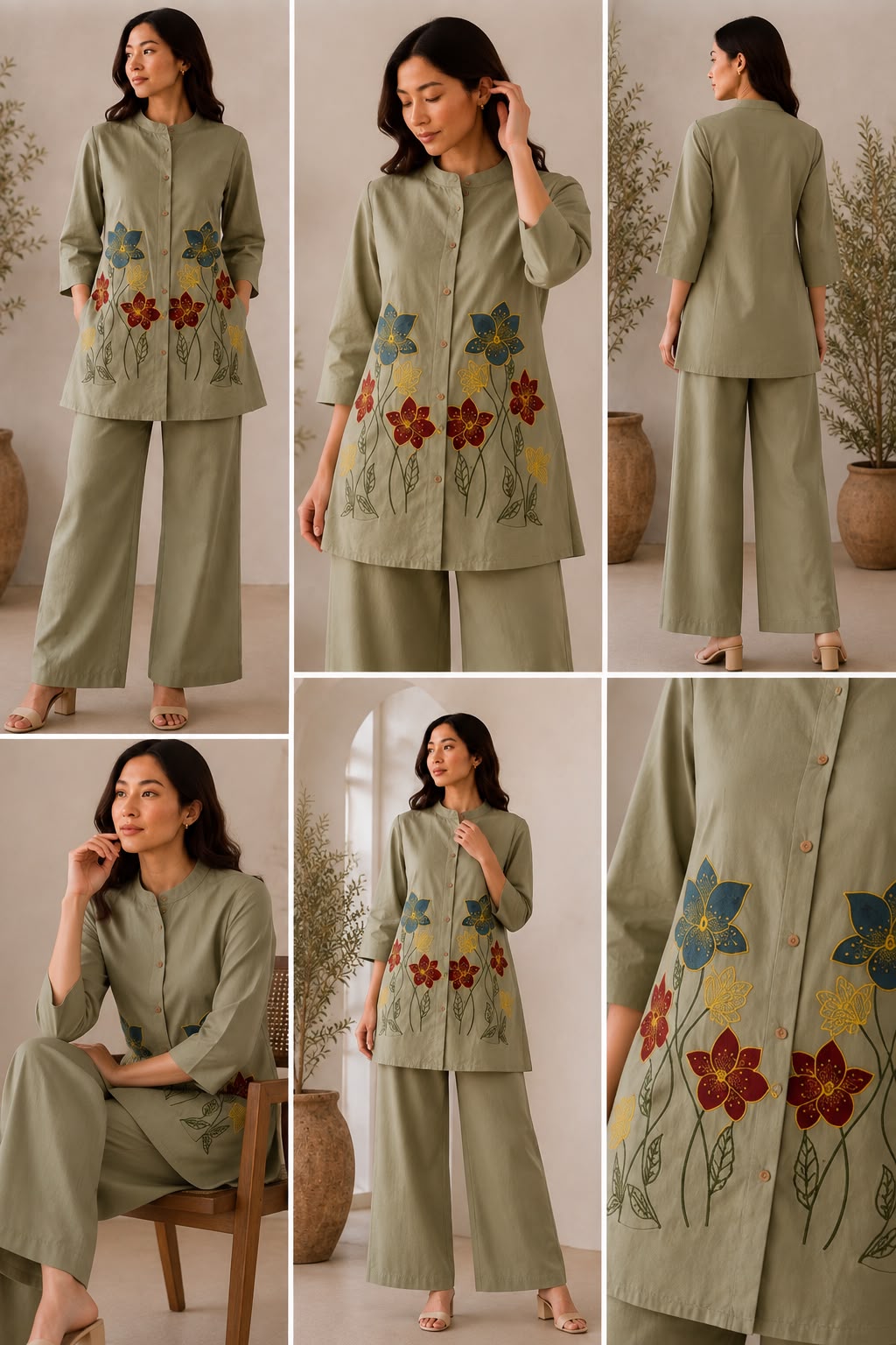 Pure Mal Cotton Embroidered Kurti Pant Set with Attached Lining