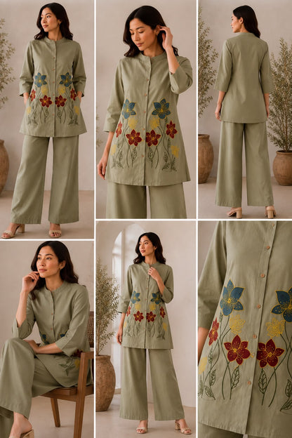 Pure Mal Cotton Embroidered Kurti Pant Set with Attached Lining