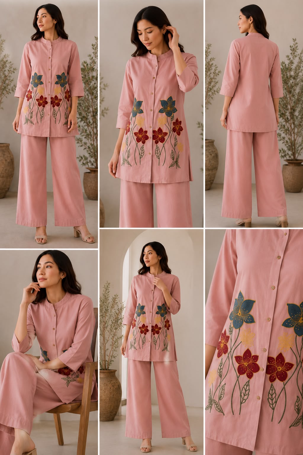 Pure Mal Cotton Embroidered Kurti Pant Set with Attached Lining