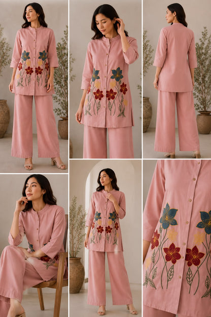 Pure Mal Cotton Embroidered Kurti Pant Set with Attached Lining