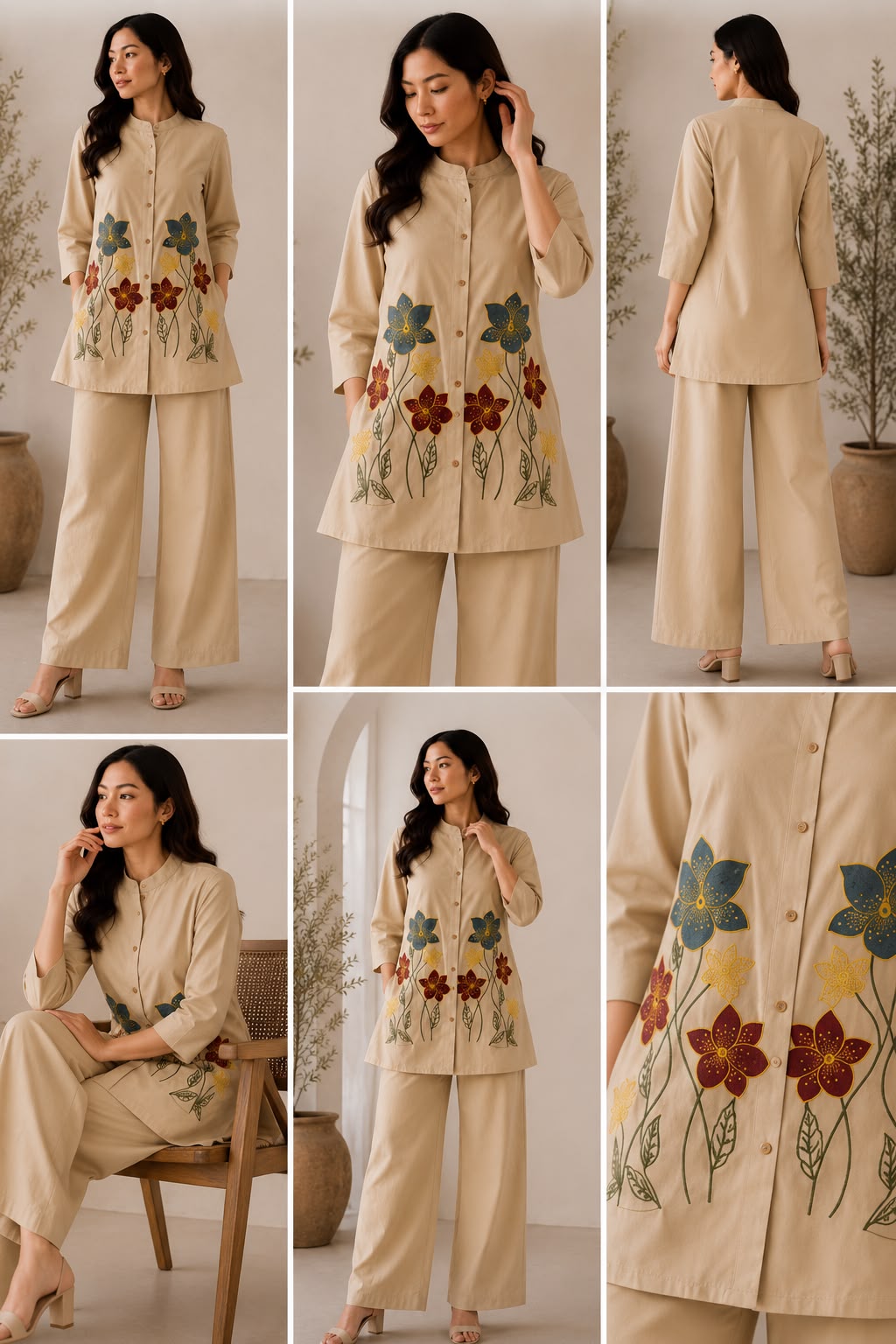 Pure Mal Cotton Embroidered Kurti Pant Set with Attached Lining