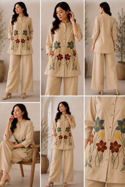 Pure Mal Cotton Embroidered Kurti Pant Set with Attached Lining