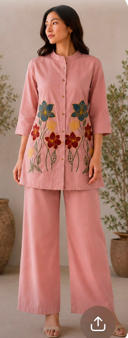 Pure Mal Cotton Embroidered Kurti Pant Set with Attached Lining