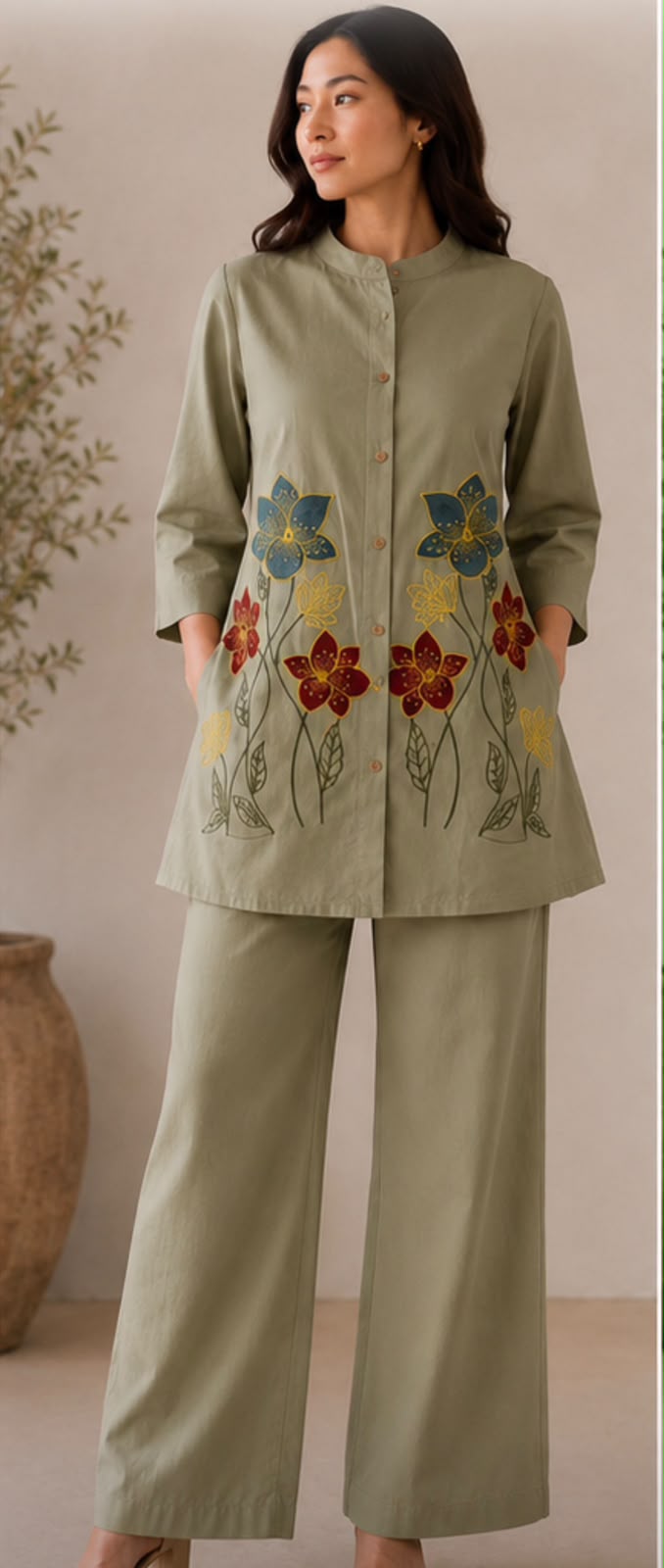 Pure Mal Cotton Embroidered Kurti Pant Set with Attached Lining