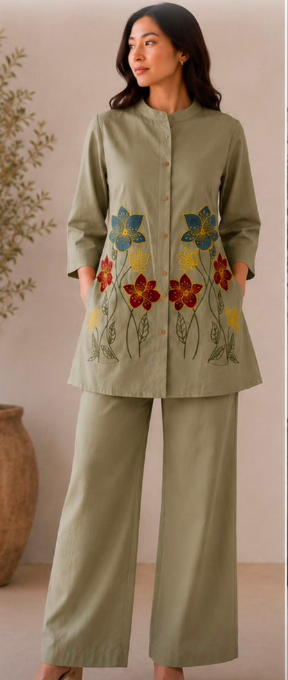Pure Mal Cotton Embroidered Kurti Pant Set with Attached Lining