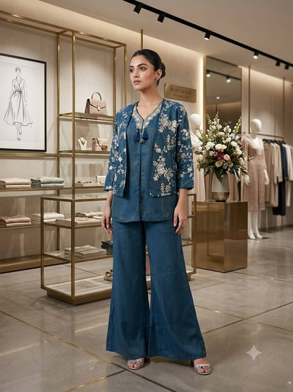 Coss-Moss Sequin Embroidered Shrug Top & Palazzo Co-Ord Set