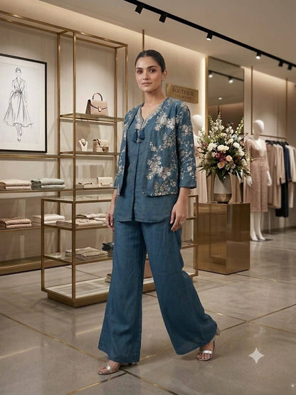 Coss-Moss Sequin Embroidered Shrug Top & Palazzo Co-Ord Set
