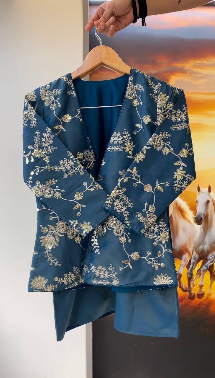 Coss-Moss Sequin Embroidered Shrug Top & Palazzo Co-Ord Set
