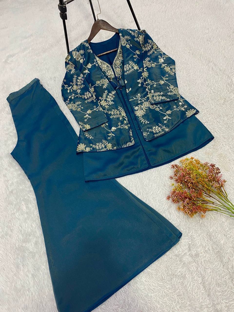 Coss-Moss Sequin Embroidered Shrug Top & Palazzo Co-Ord Set