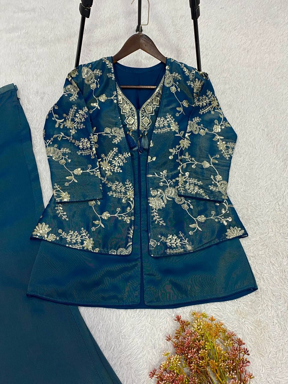 Coss-Moss Sequin Embroidered Shrug Top & Palazzo Co-Ord Set