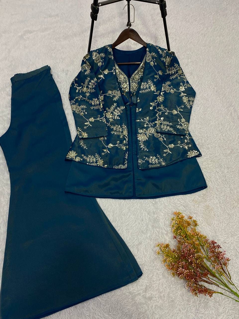 Coss-Moss Sequin Embroidered Shrug Top & Palazzo Co-Ord Set