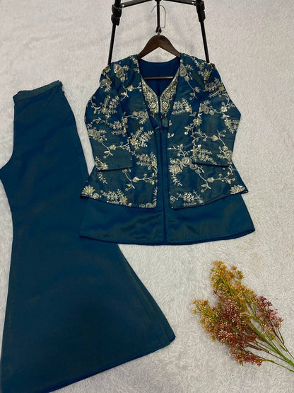 Coss-Moss Sequin Embroidered Shrug Top & Palazzo Co-Ord Set