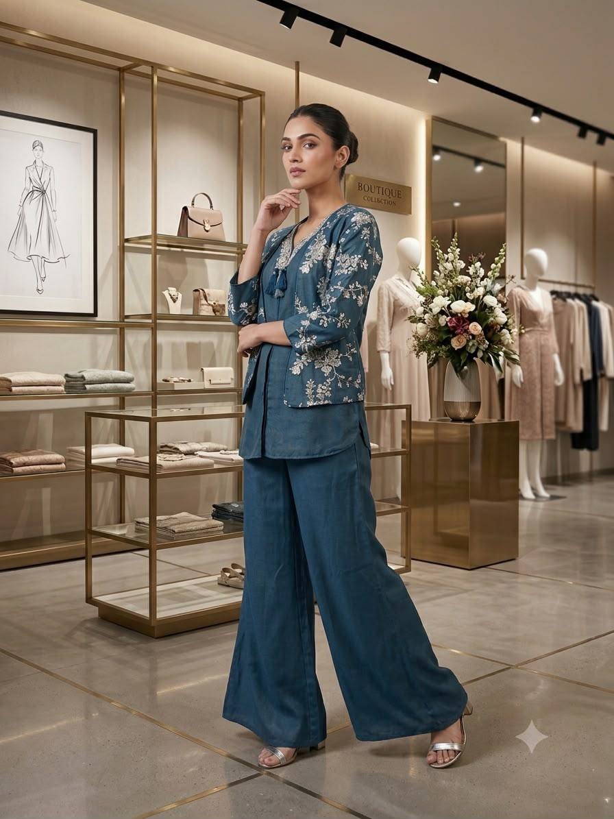 Coss-Moss Sequin Embroidered Shrug Top & Palazzo Co-Ord Set