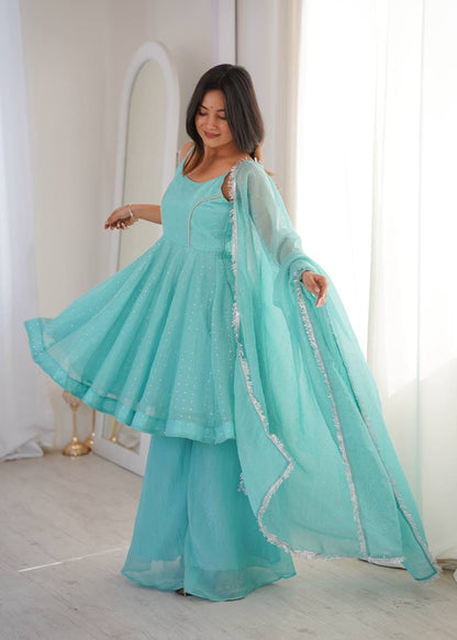 Crunchy Silk Zarkhand Work Sharara Palazzo Suit Set