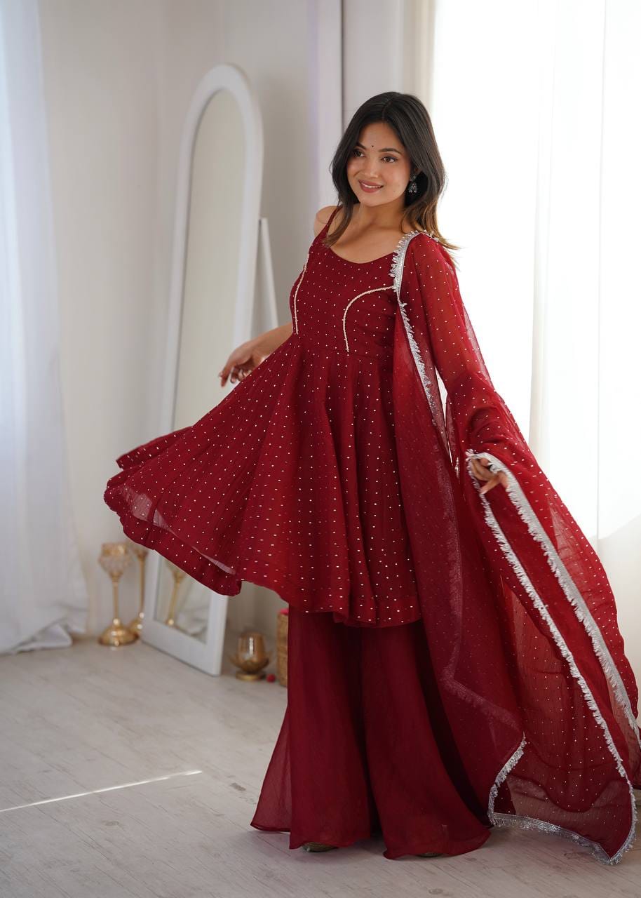 Crunchy Silk Zarkhand Work Sharara Palazzo Suit Set