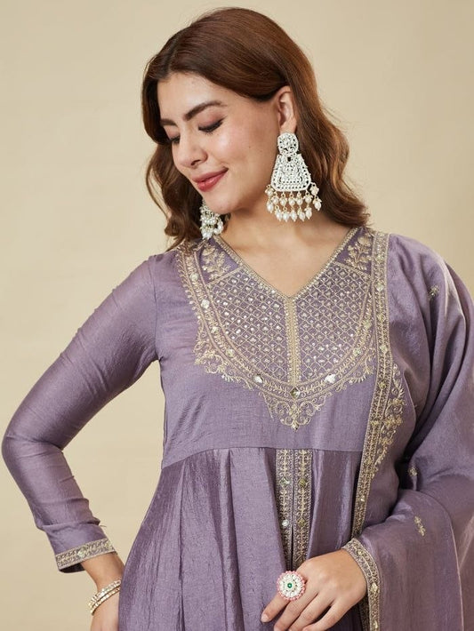 Vichitra Silk Sequin Coding Embroidered Kurti Pant with Fandy Silk Dupatta