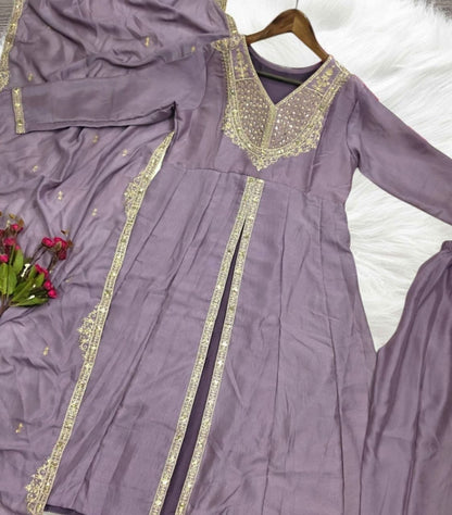 Vichitra Silk Sequin Coding Embroidered Kurti Pant with Fandy Silk Dupatta