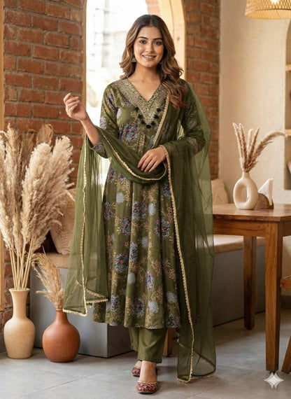 Premium Modal Satin V-Neck 3-Piece Suit Set with Lace Dupatta
