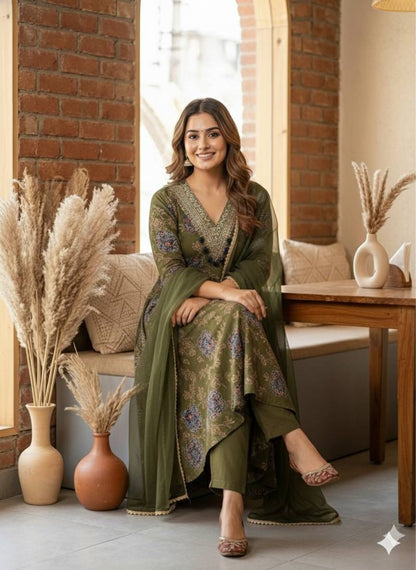 Premium Modal Satin V-Neck 3-Piece Suit Set with Lace Dupatta