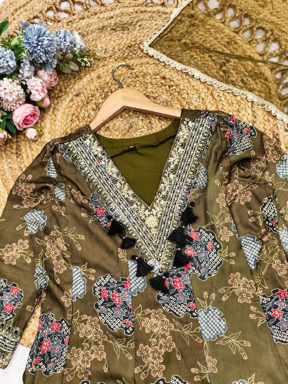 Premium Modal Satin V-Neck 3-Piece Suit Set with Lace Dupatta