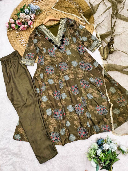 Premium Modal Satin V-Neck 3-Piece Suit Set with Lace Dupatta