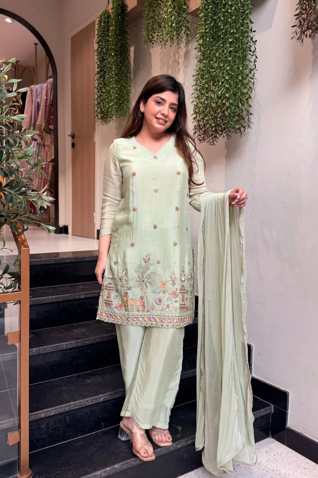 Heavy French Crepe Silk Embroidered 3-Piece Suit Set with Chinon Dupatta